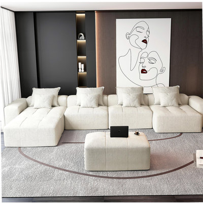 Modern Large Modular Sofa Set, Shiny Velvet Soft Pillow Sofa, with 8 Pillows, 8 DIY Assembly Patchwork Sofa, No Assembly Required, Beige