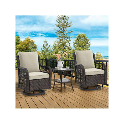 3 Pieces Outdoor Wicker Swivel Rocker Patio Set, 360-Degree Swivel Rocking Chair Elegant Wicker Patio Bistro Set with Tempered Glass Top Side Table