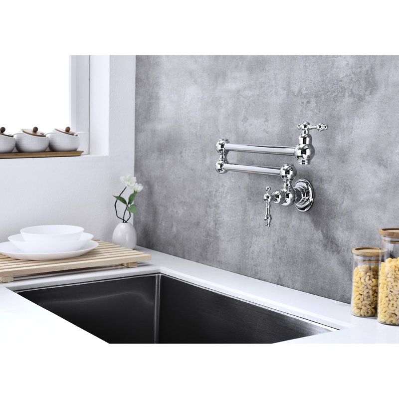 Wall Mounted Folding Pot Filler Faucet, Arm For Practical And Easy Operation, Double Handles To Control Water Output, Corrosion, Brass Kitchen Mount With Arm, Precise Regulation, Corrosion Surface,
