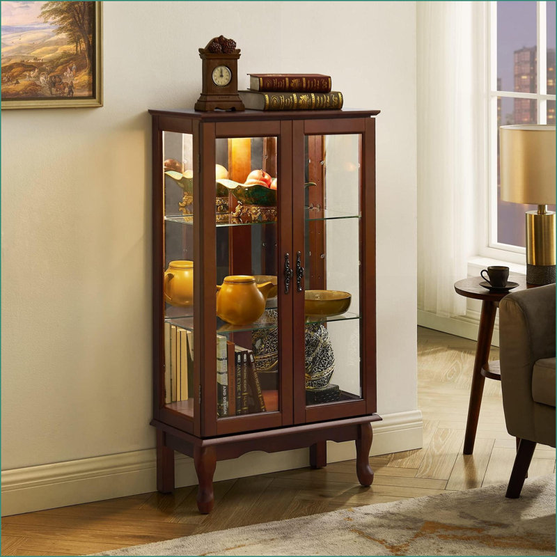 Cabinets | Walnut Brown Lighted Corner Curio Display Cabinet with Adjustable Shelves &amp; Mirrored Back | Traditional | Living Room