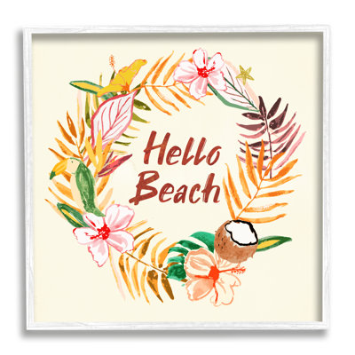 " Hello Beach Greeting Warm Tropical Palm Wreath " by JunCo. Studio