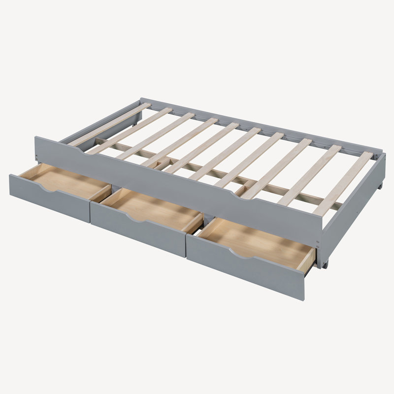 Lit plateforme en bois à DEL avec lit gigogne, tête de lit avec rangement, tiroirs, gris, Simple