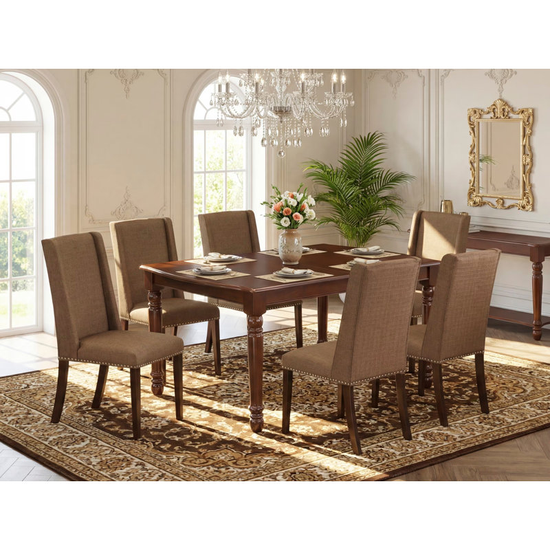 Ensemble de table de salle à manger 7 pièces composé d'une table rectangulaire avec feuille papillon et 6 chaises de salle à manger Parson en tissu brun, acajou