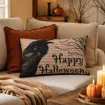Coussin avec corbeau et motif «Happy Halloween», 20 x 13