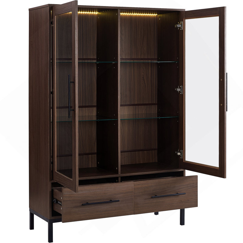 Grande armoire vitrée avec 2 tiroirs de rangement, garde-manger avec porte vitrée et éclairage à DEL, armoire de rangement de style maison de campagne avec 4 tablettes réglables en verre pour le salon, le couloir, le bureau et le bureau