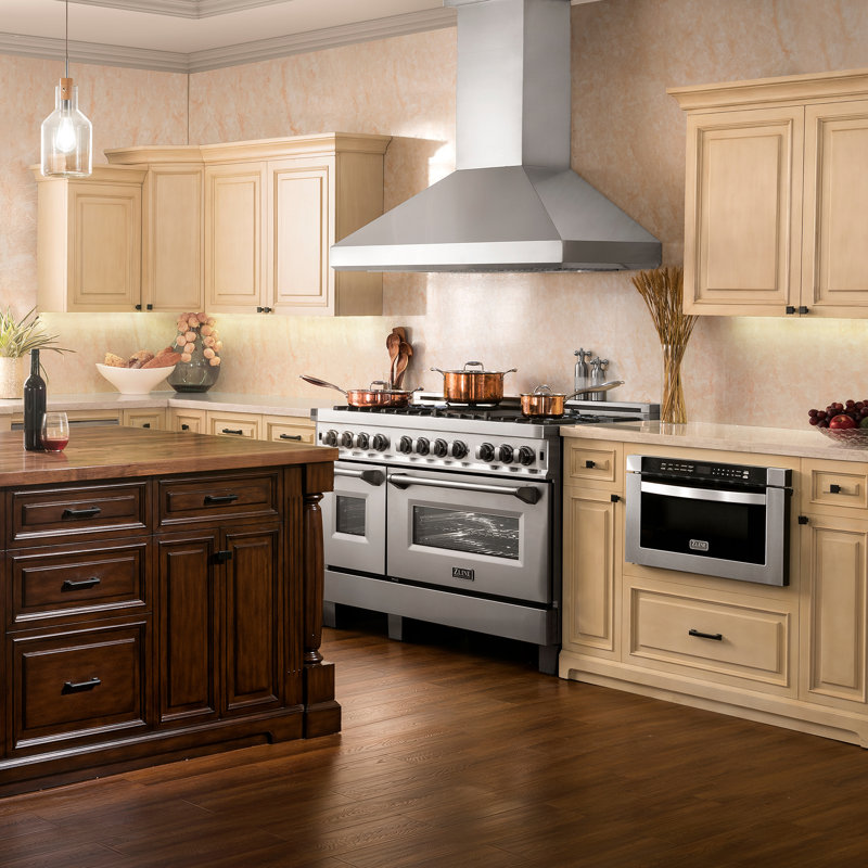 Colorful Series Professional 2 Piece Kitchen Package with 48" Freestanding Dual Fuel Range & 48" Wall Mount Range Hood, Snow