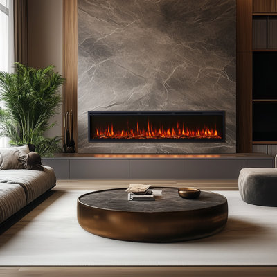 Foyer électrique intelligent Pyra de 68 po - 12 couleurs de flamme et braise, vitesse de flamme réglable, encastré / mural, chauffage 750 / 1500W, verrou pour enfant, compatible avec Alexa et Google Assistant, par Puraflame