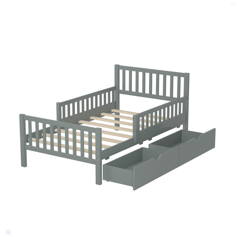 Lit plateforme en bois avec garde-corps des deux côtés et deux tiroirs de rangement, Simple