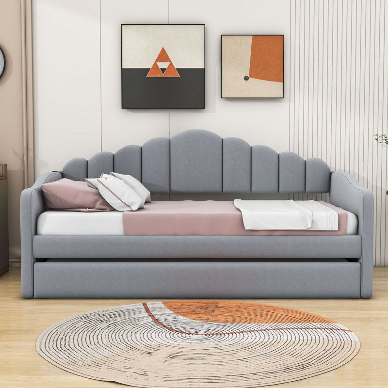 Lit de jour simple rembourré avec ports de chargement USB et couchette, Beige, Lit simple