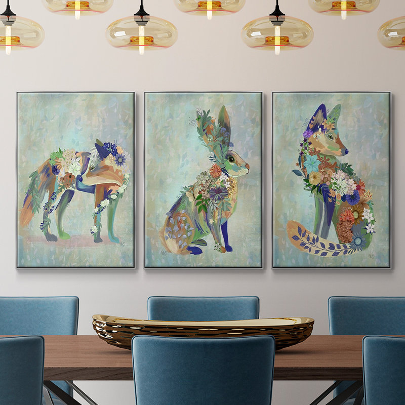 Fantastic Florals Fox, assis, impression sur toile 3 pièces, H 40 po x l 90 po x P 2 po, Argent