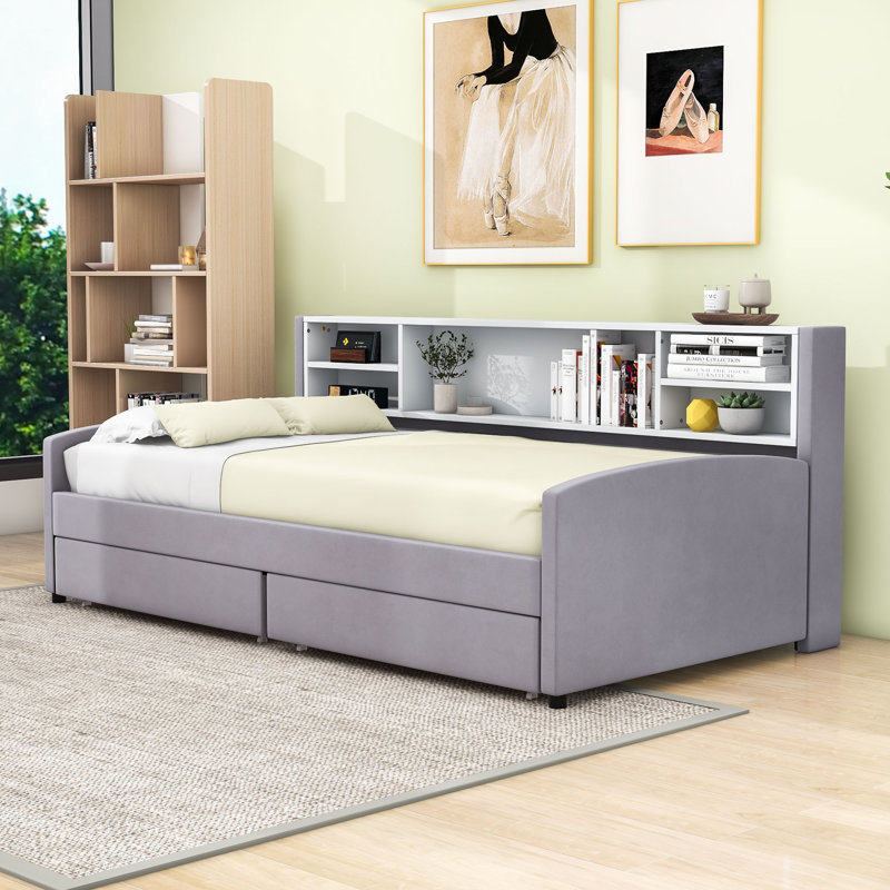 Twin Upholstered Daybed with Built-in Storage and Smooth-Rolling Drawers, Gray