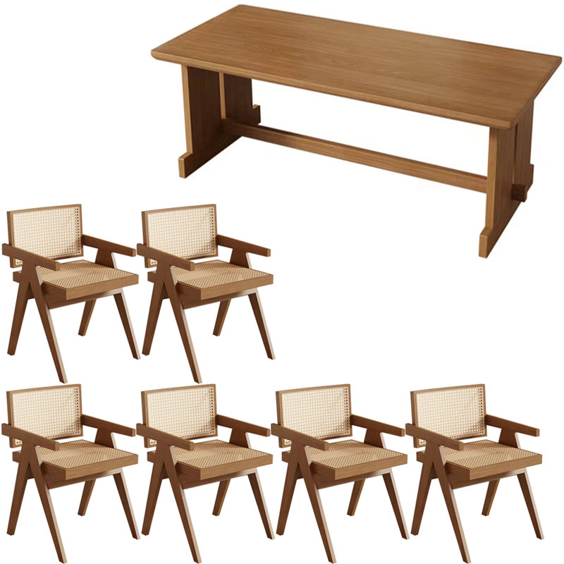 Japanese style simple solid wood dining table set, 29.5"H x 62.9"L x 31.4"W, 7 Pieces: Table,6 Chair