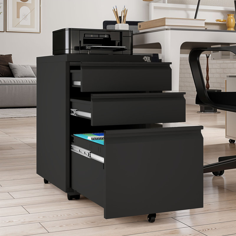 Classeur mobile en acier 3 tiroirs avec serrure pour bureau personnel, Noir