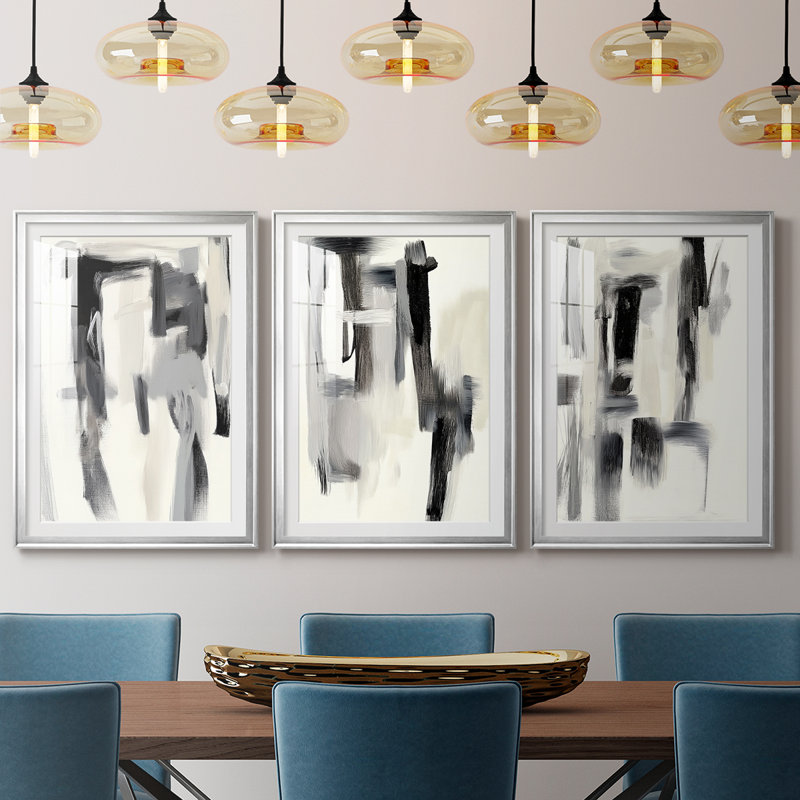 ABSTRACT Series DCC-III - Impression encadrée sur mesure de qualité supérieure - 3 pièces, Argent argent, H 30 po x l 63 po