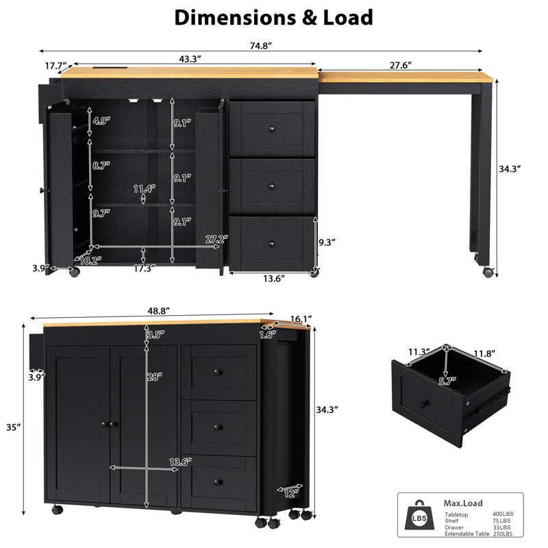 49"W Kitchen Island with Charging Ports, 27.5" Extendable Table, Drawers and Racks, Black