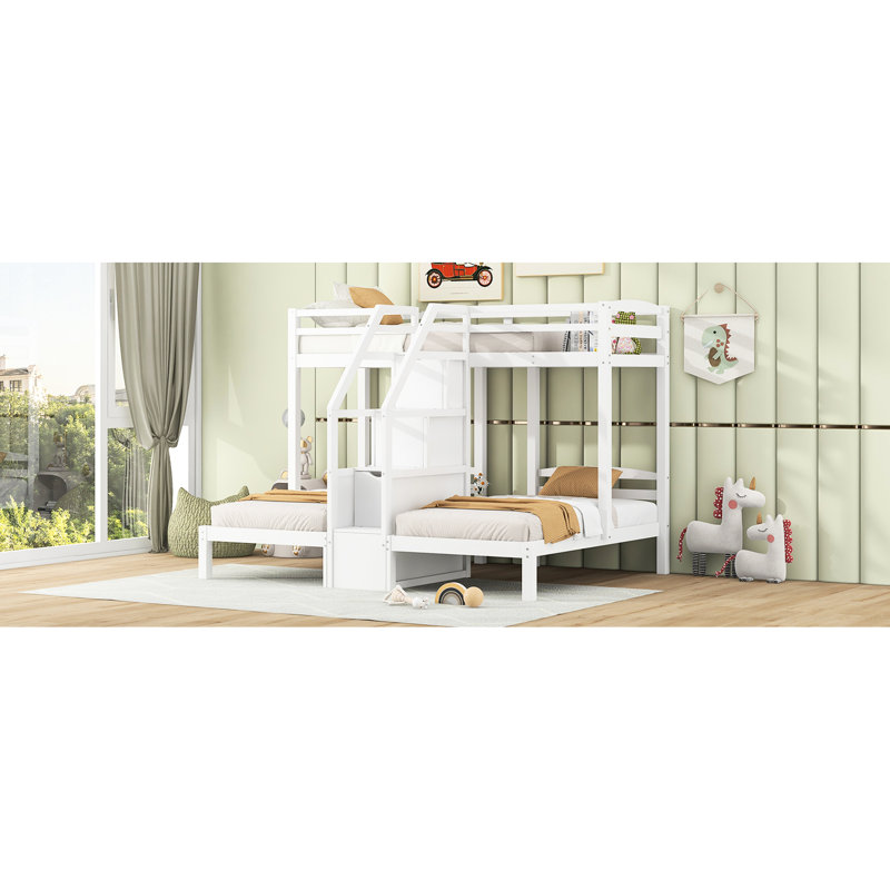 Lit simple au-dessus d'un lit superposé blanc, escalier intégré, tiroir de rangement, tablette supérieure et lit simple bien conçu, escalier avec rangement, chevet au design moderne
