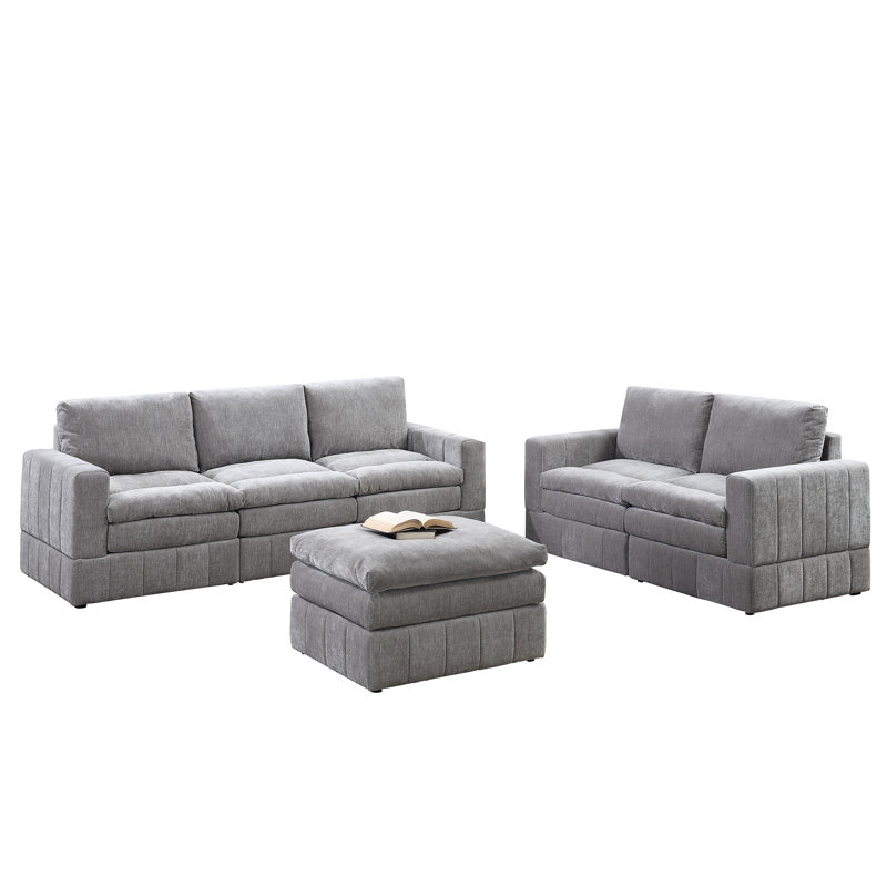 - 5Pc Seating Collection: F8934 Corner Chair, F8935 Armless F8936 , Gray Fabric, Robust Wood Frame Structure Sitting Furniture: Stable