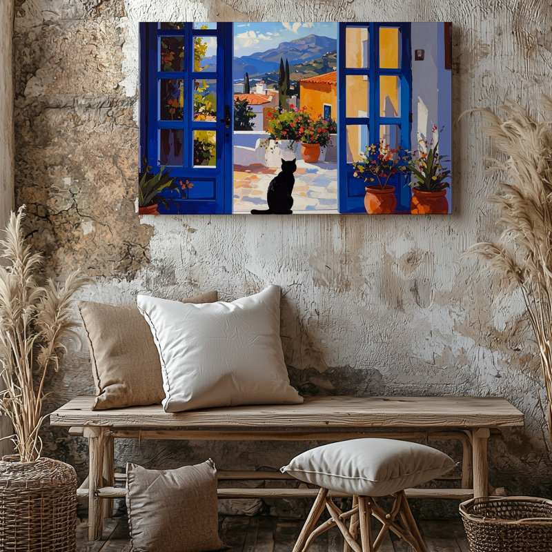 Toile méditerranéenne échapper à un chat noir serein ensoleillé, art mural sur toile, prêt à être accroché à la galerie, décoration de qualité supérieure