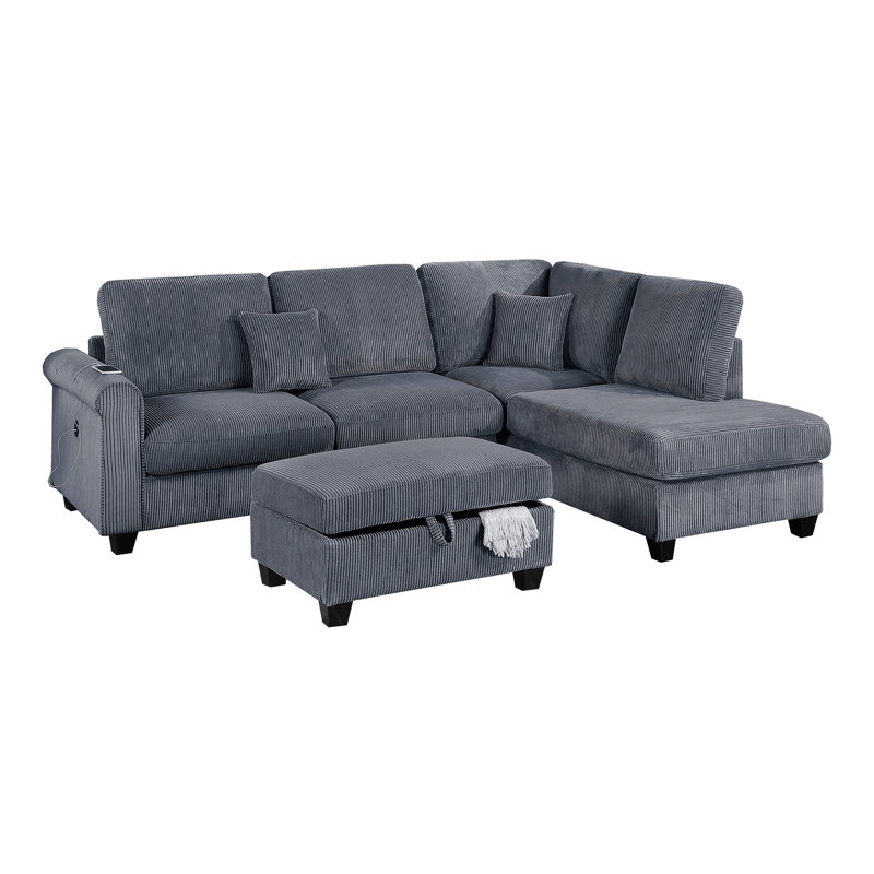 3Pc Sectional Set Corduroy Upholstered Laf Sofa Raf Chaise Ottoman L-Sectional Living Room Furniture, Dark Gray
