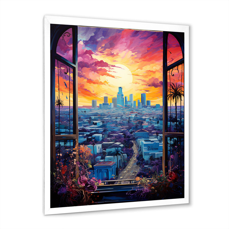 Los Angeles Window View 2 - art mural floral, Cadre simple blanc, H 32 po x l 24 po x P 1 po