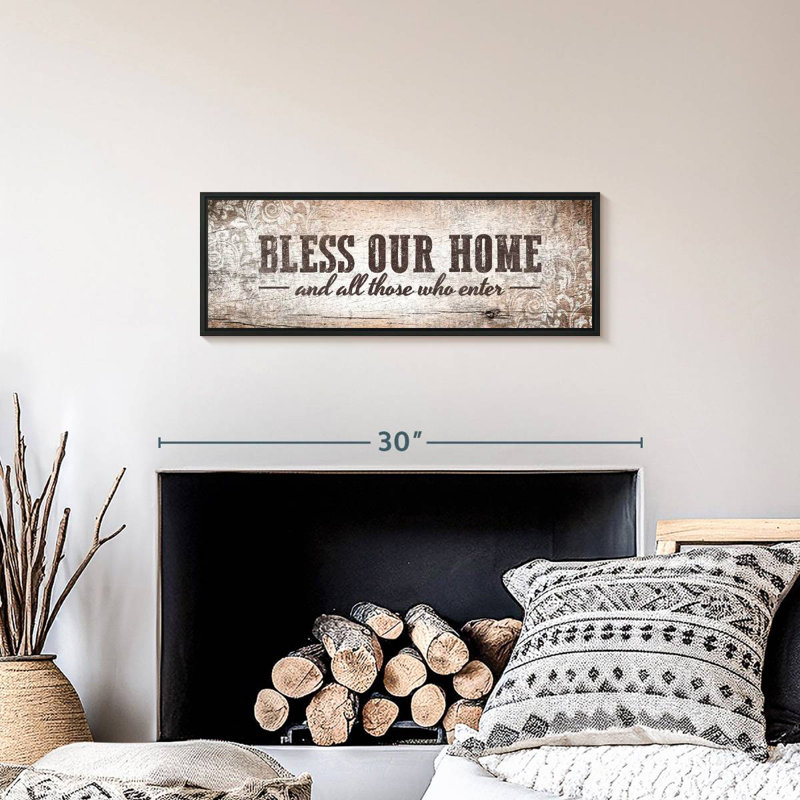 Bless Our Home Typography Wall Sign, 25" X 9", Floating Frame Black