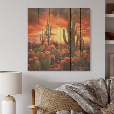 Cactus en cuivre au Nevada - Art mural en bois de cactus sur bois de pin naturel