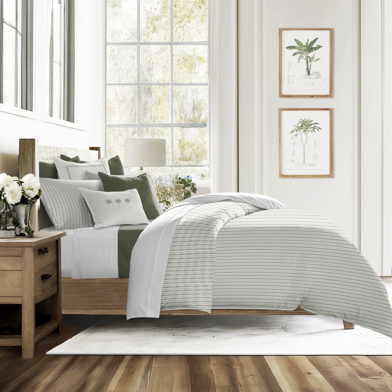 Pacific Stripe Cotton Reversible Coverlet Set, Cal.King Coverlet/Bedspread + 2 King Shams, Sweet Grass