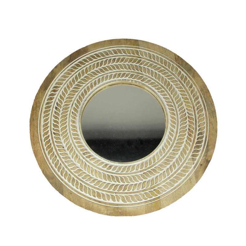Miroir mural en bois sculpté avec cadre brun et accents blancs peints à la main, 23,5 pouces de diamètre