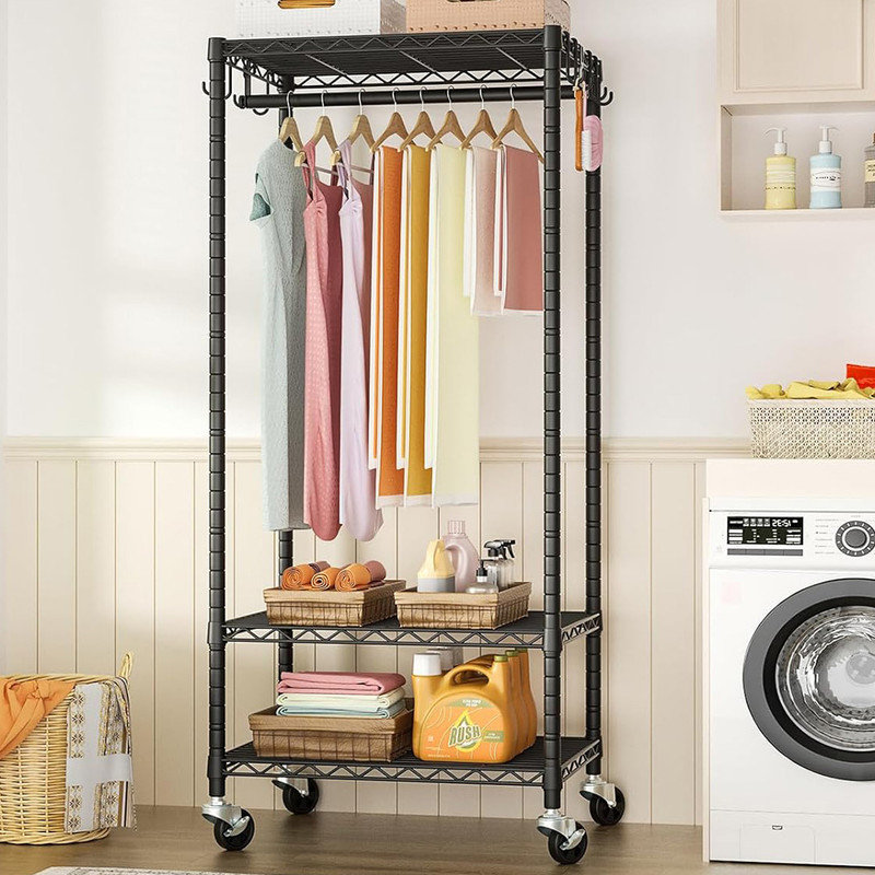 Heavy Duty Black Rolling Garment Rack with Adjustable Shelves