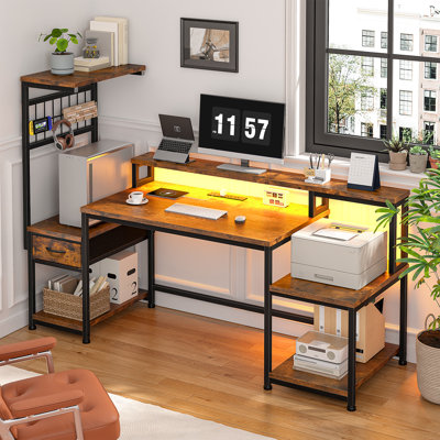 Gaming Desk With Hutch & Monitor Stand,Corner Computer Desk With LED Lights & Outlets For Home Office