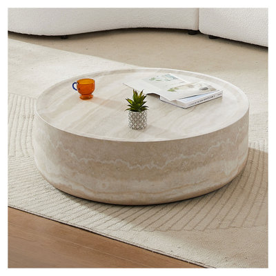 38.58'' Round Faux Travertine Coffee Table - No Assembly Required Fiberglass Living Room Coffee Table with Marble Pattern