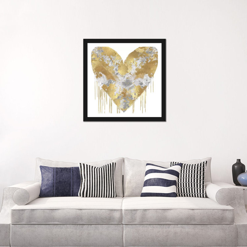 «Big Hearted Silver and Gold» par Lindsay Rodgers - impression d'art graphique, H 24 po x l 24 po x p 1 po, Papier noir