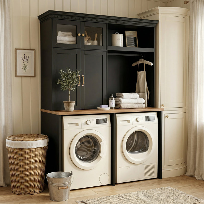 Armoire à lessive peu encombrante avec tringle, pour laveuse / sécheuse, Marron foncé