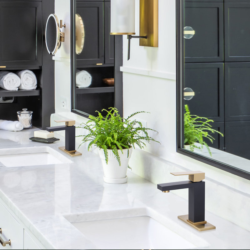 Single-Hole Single-handle Bathroom Faucet with Drain Assembly, Black/Gold