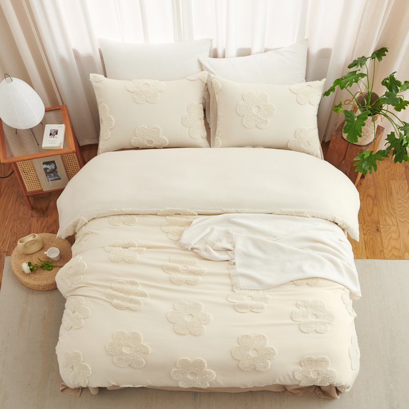 Ensemble de housse de couette beige à capitonnage floral, Housse de couette double et 2 taies décoratives s