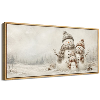 Famille de bonhommes de neige dans un paysage enneigé - Grande toile encadrée pour la chambre des maîtres