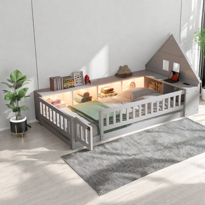 Lits jumeaux modernes avec rangement, lit de sol en bois MDF en forme de maison, ports USB et DEL