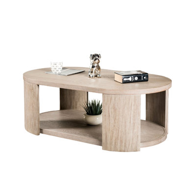 Table basse ovale de style moderne, en bois d'hévéa et bois d'ingénierie, hauteur 45,7 cm (18 po), finition chêne, profondeur 71,1 cm (28 po).