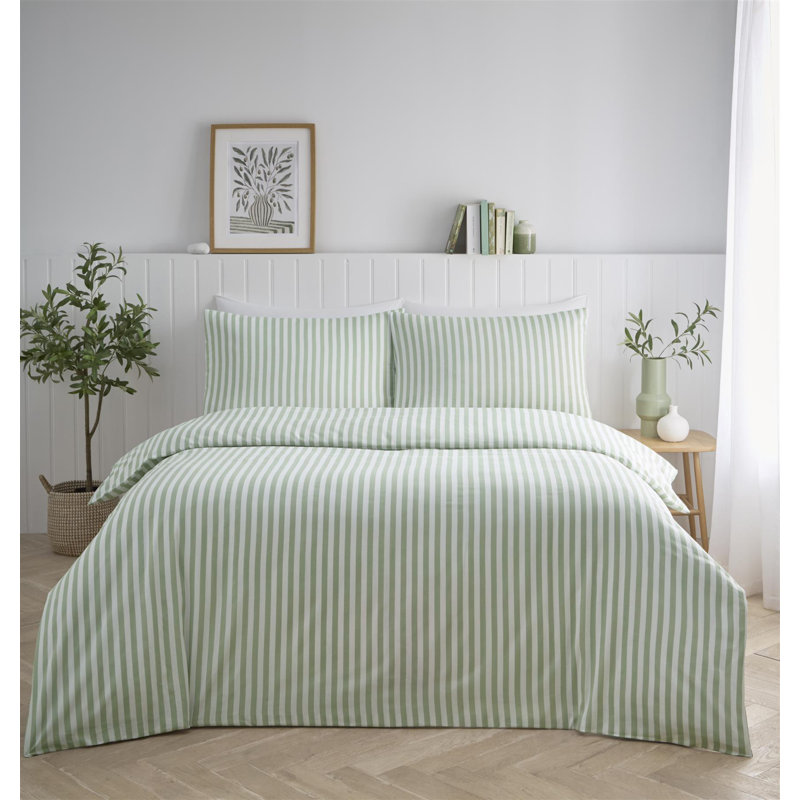 Cotton Blend Striped Duvet Cover Set, Super King, Sage