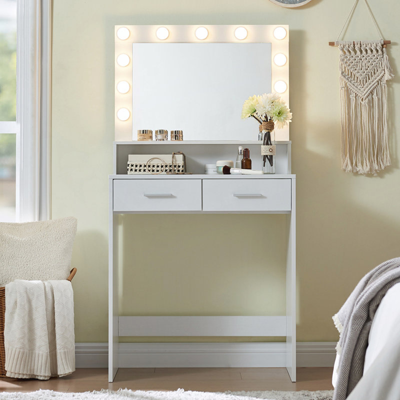 Coiffeuse avec miroir et lumières, coiffeuse avec grand tiroir, Blanc