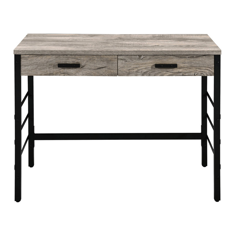 Bureau fonctionnel en chêne vieilli et noir avec 2 espaces de tiroir et des tiroirs modernes à options électriques, avec pieds en métal