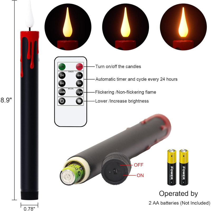 4 Pack Halloween Black Flameless Taper Candles - Remote Timer, Battery-Operated LED, Drip Wax, Flickering