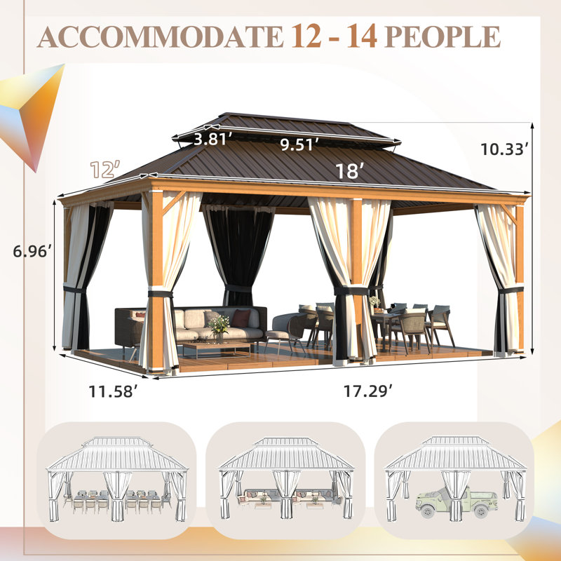 12' X 18' Hardtop Gazebo, Wood Grain Aluminum Frame Outdoor Gazebo With Galvanized Steel Roof, Permanent Metal Pavilion With Curtains & Nettings For Patio, Backyard, Deck And Lawns