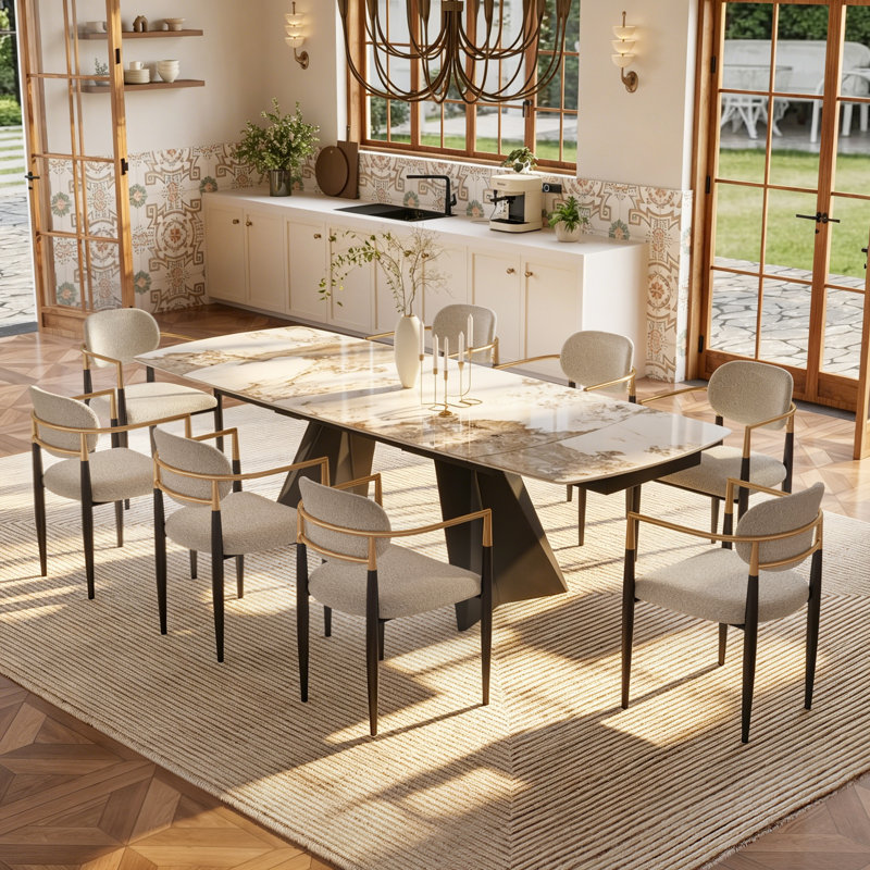 Ensemble de table de salle à manger extensible pour 8, table en pierre frittée 9 pièces avec 8 chaises, grande cuisine moderne et ensemble de salle à manger