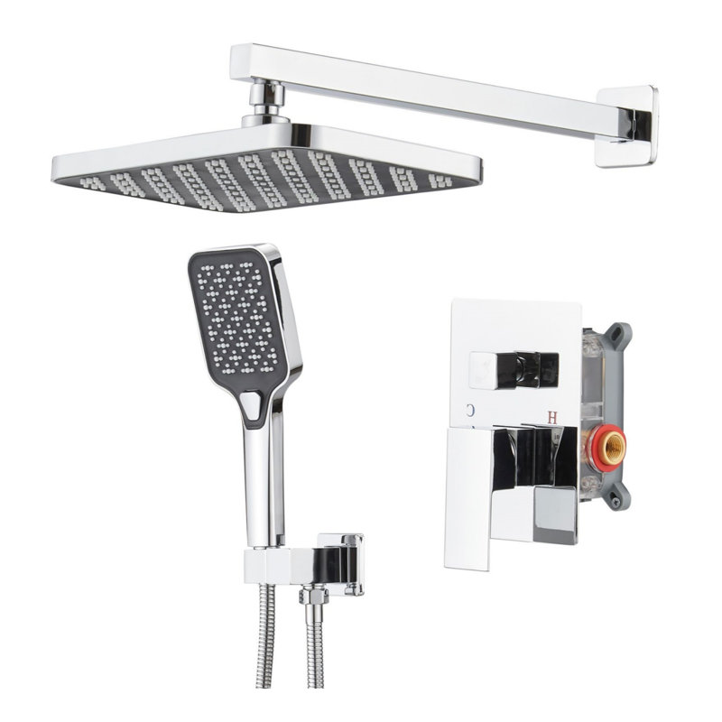 Polished Chrome Double-Handle Double-Spray 12-Inch Square High-Pressure Shower Faucet (With Valve), Stainless Steel
