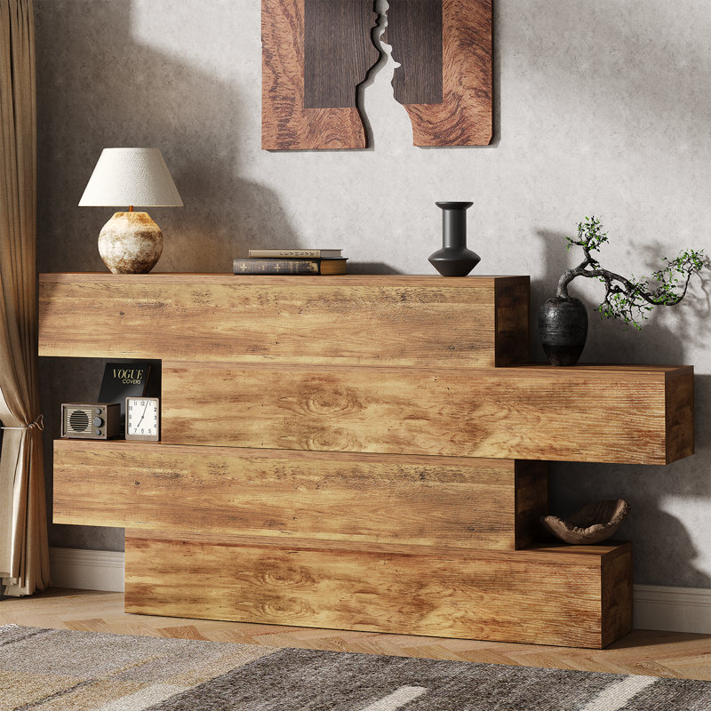 63" Farmhouse Console Table, Modern Sofa Table Behind Couch, 4-tier Storage Entryway Table Hallway Table For Living Room, Rustic Wooden Foyer Table With Staggered Shelves, Unique Design, Walnut Finish