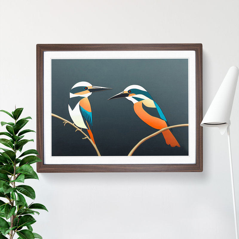 Abstract Kingfisher Birds - Framed Print, 46cm H x 64cm W x 2cm D, Walnut