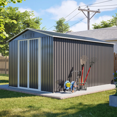 Remise extérieure verrouillable en métal 8 pi x 12 pi, gris, structure en aluminium, grand espace de rangement pour l'équipement de pelouse, portes doubles - entrée et pieds, verrouillable, métal, rangement, espace, portes de jardin, facile