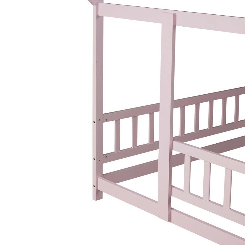 Lit en bois avec structure de toit, garde-corps de sécurité, Rose