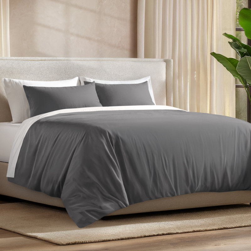 Ensemble de couette en rayonne de bambou, Gris, Housse de couette pour grand lit et 2 taies décor